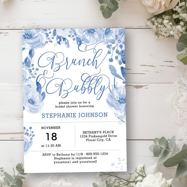 Convites Chá de panela Floral Azul Brunch e Bubble (Brunch & Bubbly Invitation from my Dusty Blue Watercolor Floral Bridal Shower)