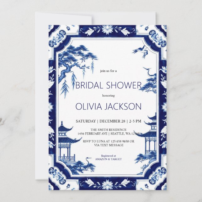 Convites Chá de panela Floral Azul Chinoiserie (Frente)