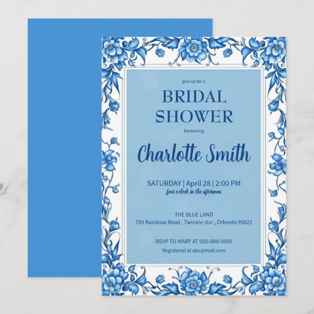 Convites Chá de panela Floral Azul Chinoiserie antiga (Frente/Verso)
