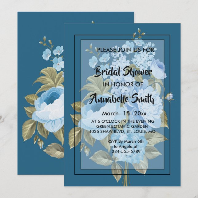 Convites Chá de panela floral azul-clássico (Frente/Verso)