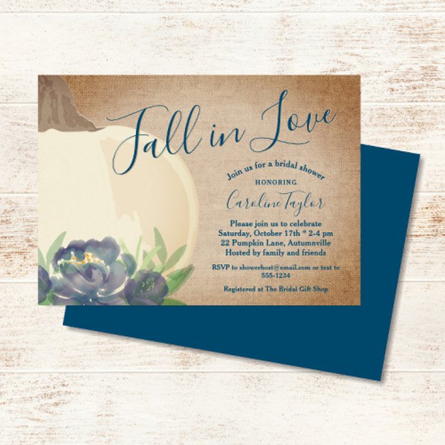 Convites Chá de panela Floral Azul Da Pumpkin Fora Russa (Rustic Fall Pumpkin Blue Floral Bridal Shower Invitation)