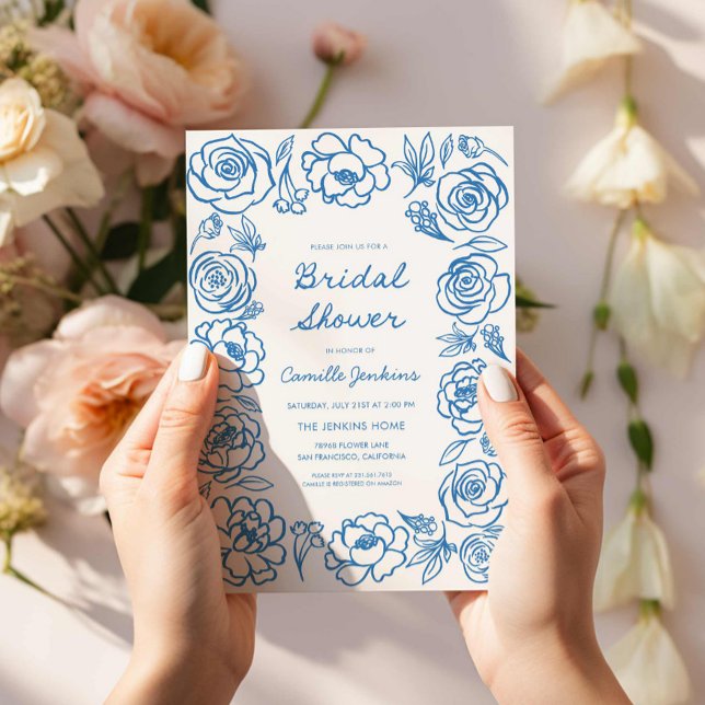 Convites Chá de panela Floral Azul Desenhado À Mão (Blue Floral Hand Drawn Bridal Shower Invitation)