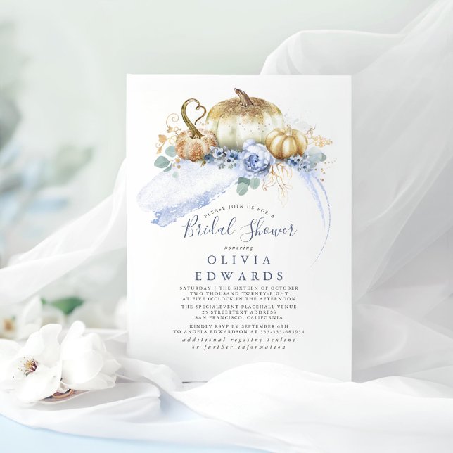 Convites Chá de panela Floral Azul Dourado Pumpkins Dusty (Dusty Blue Greenery Pumpkins Fall Bridal Shower Invitations)