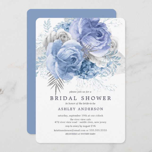 Convites Chá de panela Floral Azul e Prata (Frente/Verso)