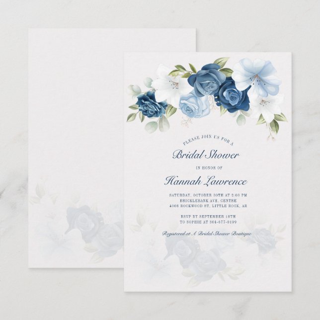 Convites Chá de panela Floral Azul Elegante (Frente/Verso)