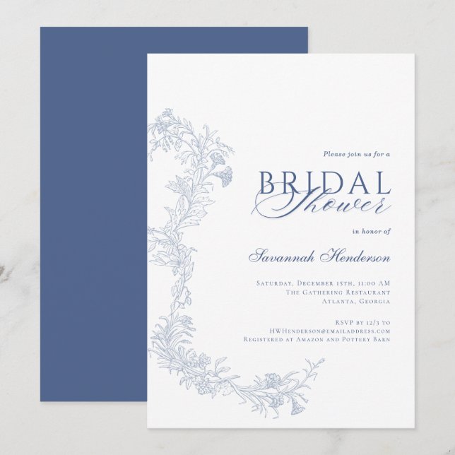 Convites Chá de panela Floral Azul Elegante (Frente/Verso)