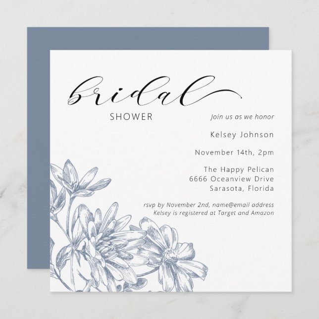 Convites Chá de panela Floral Azul Elegante (Frente/Verso)