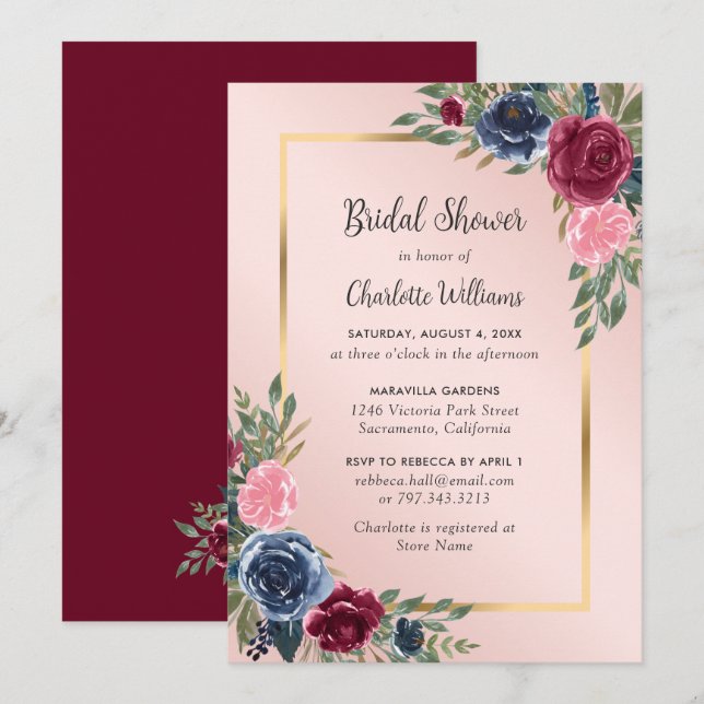 Convites Chá de panela Floral Azul Elegante Blush Azul (Frente/Verso)