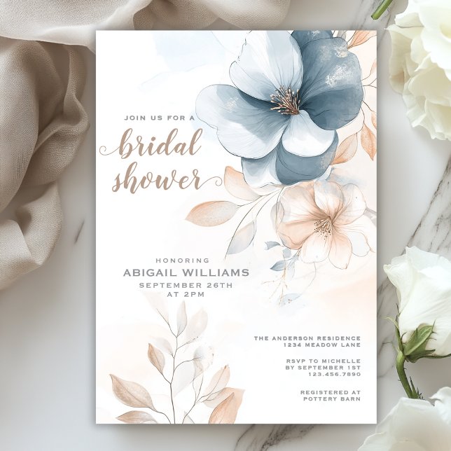 Convites Chá de panela Floral Azul Elegante Chic e Blush (Chic Elegant Blue and Blush Floral Bridal Shower Invitation)