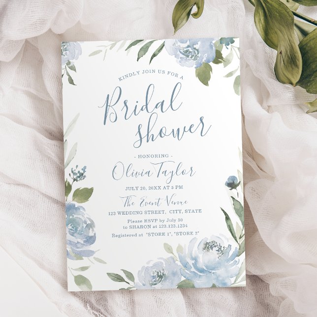 Convites Chá de panela floral azul empoeirado romântico (Romantic dusty blue calligraphy Bridal Shower Invitation)
