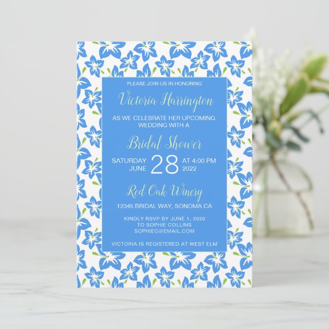 Convites Chá de panela Floral Azul Pintado (Em pé/Frente)