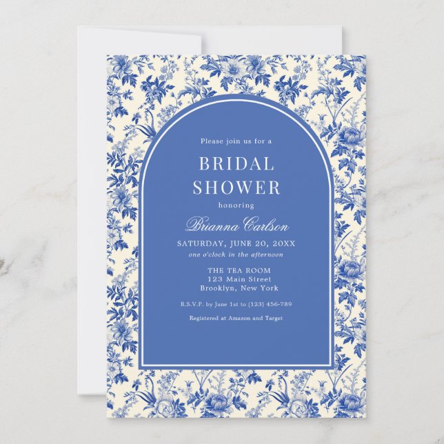 Convites Chá de panela Floral Blue Ivory Chinoiserie (Frente)