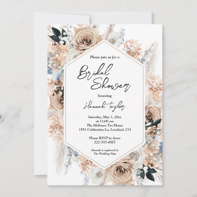Convites Chá de panela Floral Boho Dusty Blue Champagne (Frente)