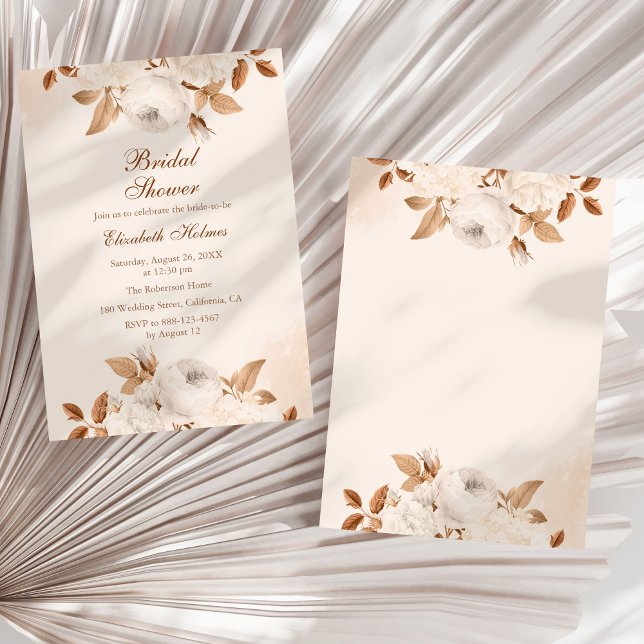 Convites Chá de panela Floral Boho Pale Peach Terracotta (Boho Pale Peach Terracotta Floral Bridal Shower Invitation on a sunny white dry palm leaf.)