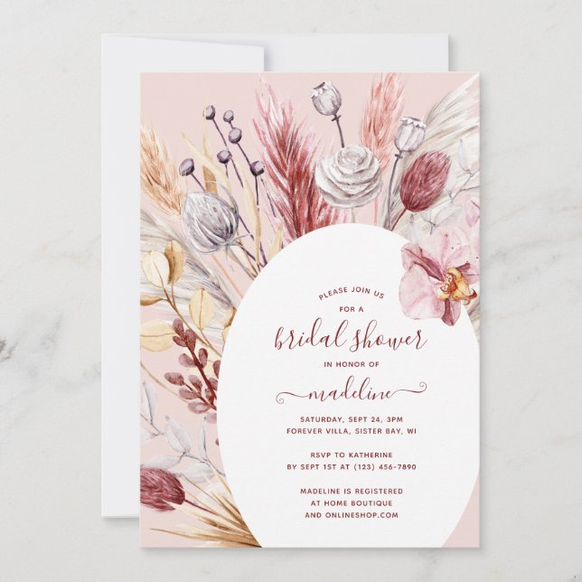Convites Chá de panela Floral Boho Pampas Grass (Frente)
