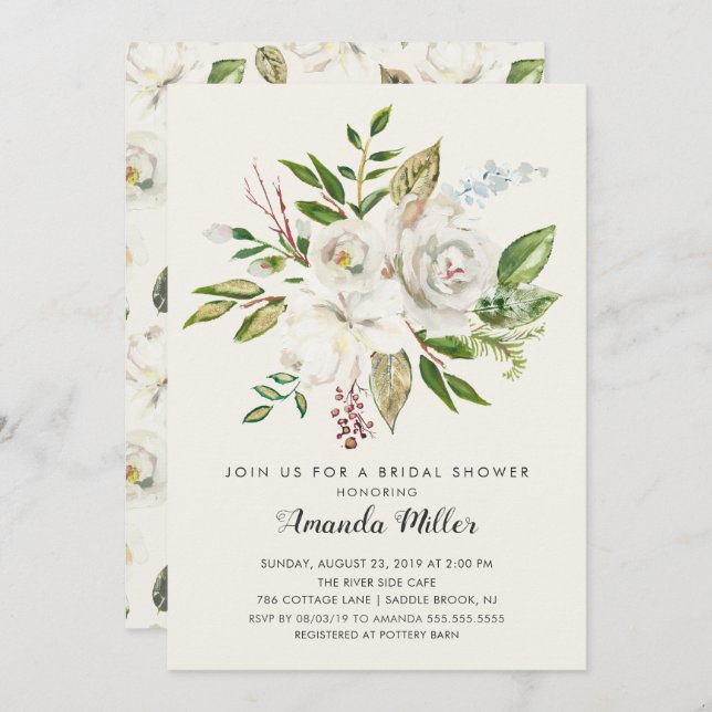 Convites Chá de panela Floral Branco (Frente/Verso)