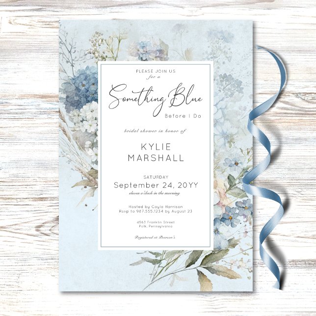 Convites Chá de panela Floral Branco Azul - Algo Russo (Rustic Something Blue White Floral Bridal Shower Invitation)