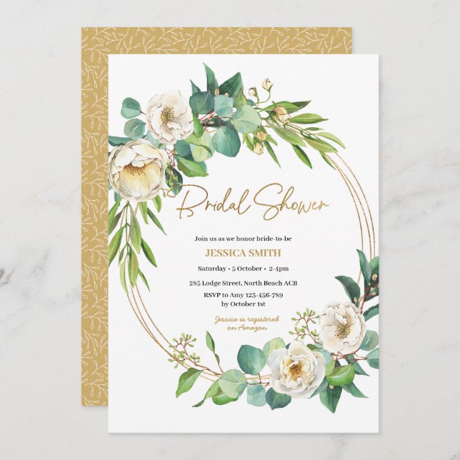 Convites Chá de panela floral branco e Dourado (Frente/Verso)