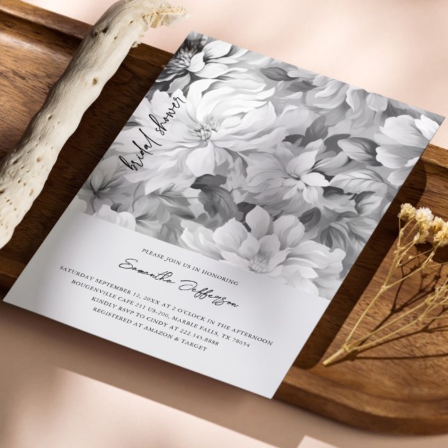 Convites Chá de panela Floral Branco e Preto Elegante (Elegant Black & White Floral Bridal Shower Invitation)