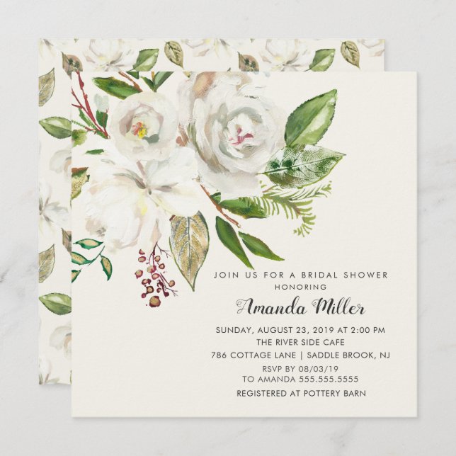 Convites Chá de panela Floral Branco Elegante (Frente/Verso)