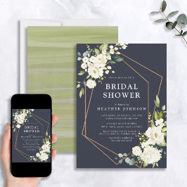 Convites Chá de panela Floral Branco Geométrico Azul Cobre