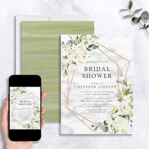 Convites Chá de panela floral branco geométrico de mármo