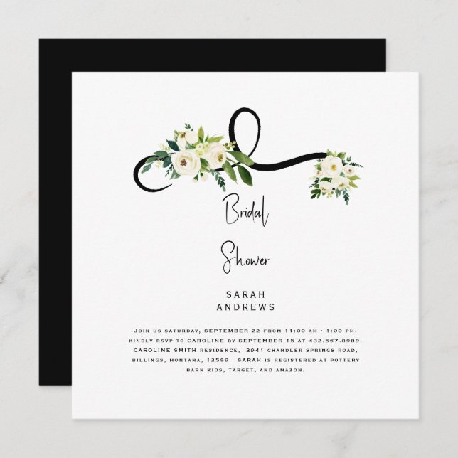 Convites Chá de panela Floral Branco Praça B/W (Frente/Verso)