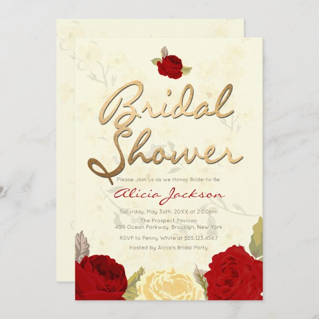 Convites Chá de panela floral brilhante vermelho & do (Frente/Verso)