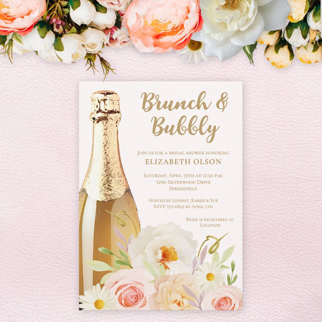 Convites Chá de panela Floral Brunch e Bubble Garden (Brunch & Bubbly blush garden flowers bridal shower invitations, INSTANT DOWNLOAD and/or PRINTED)