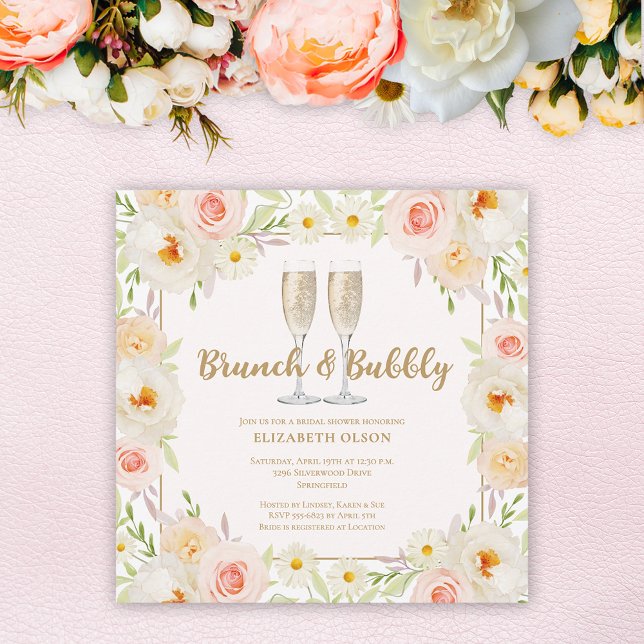 Convites Chá de panela Floral Brunch e Bubble Garden (Brunch & Bubbly  garden flowers bridal shower square invitations, INSTANT DOWNLOAD and/or PRINTED)