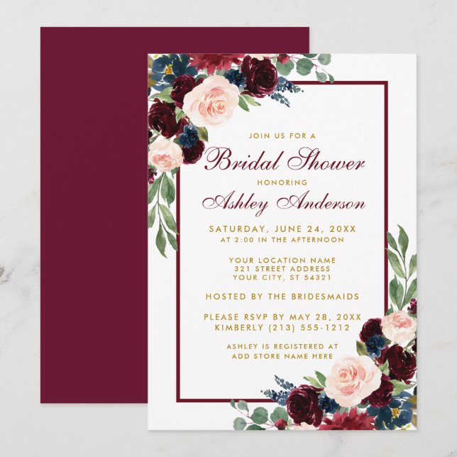 Convites Chá de panela Floral Burgundy Blue Dourado (Frente/Verso)