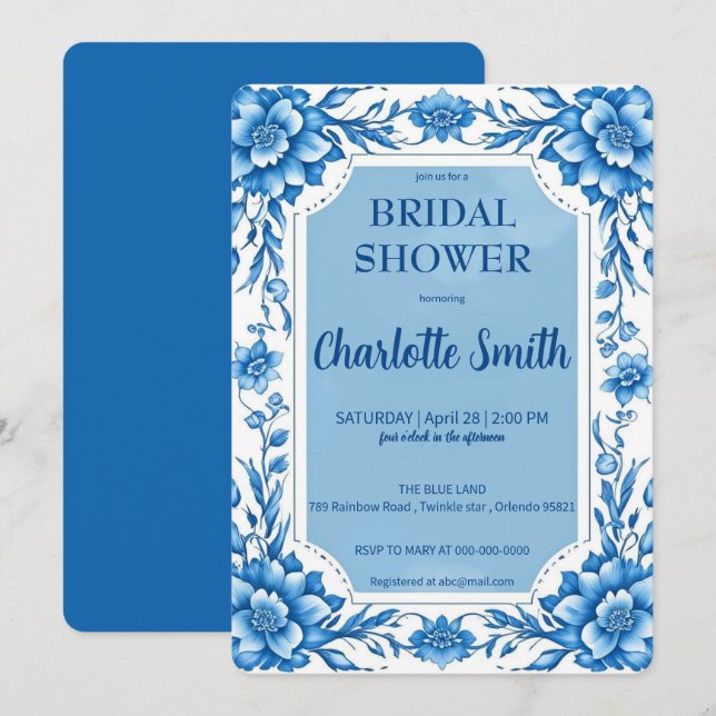 Convites Chá de panela Floral Chinoiserie Chinesa Azul (Frente/Verso)