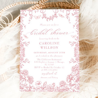Convites Chá de panela Floral Chinoiserie Dusty Pink Toile