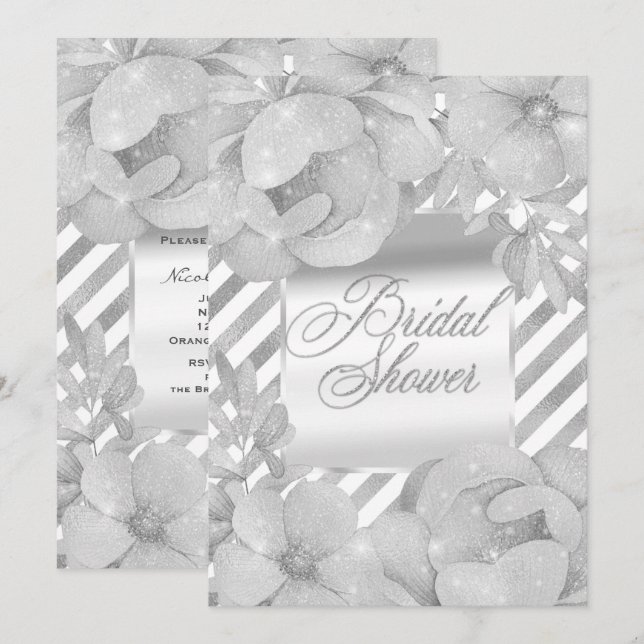 Convites Chá de panela Floral com Glitter Grelha Branca (Frente/Verso)