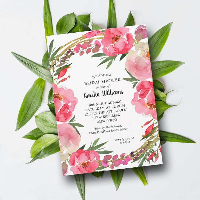 Convites Chá de panela Floral Cor-de-Água Rosa (Watercolor Pink Floral Bridal Shower Invitations - INSTANT DOWNLOAD and/or PRINTED)