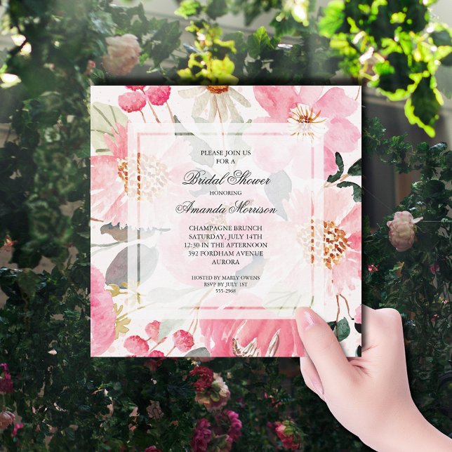 Convites Chá de panela Floral Cor-de-Água Rosa (Watercolor pink garden flowers bridal shower square invitations)