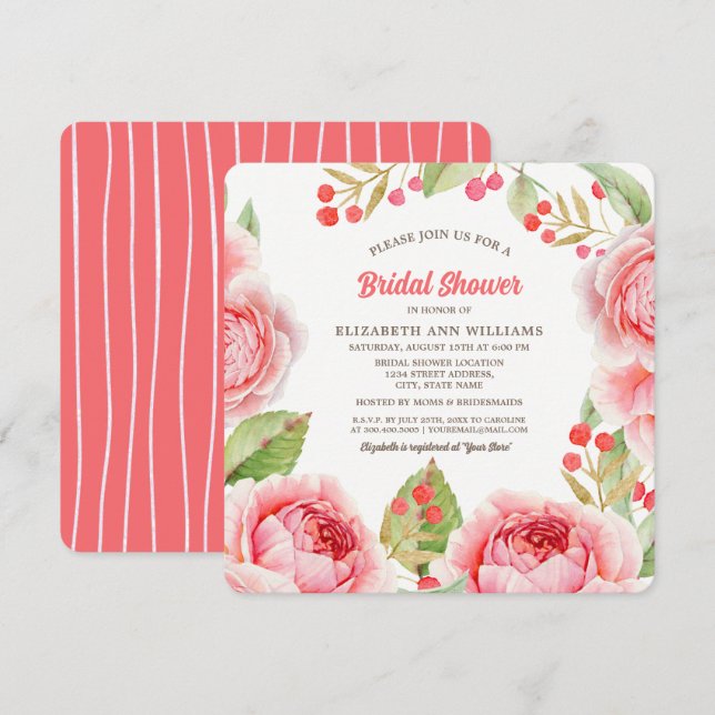 Convites Chá de panela Floral Coral Cor de Água Rosa (Frente/Verso)