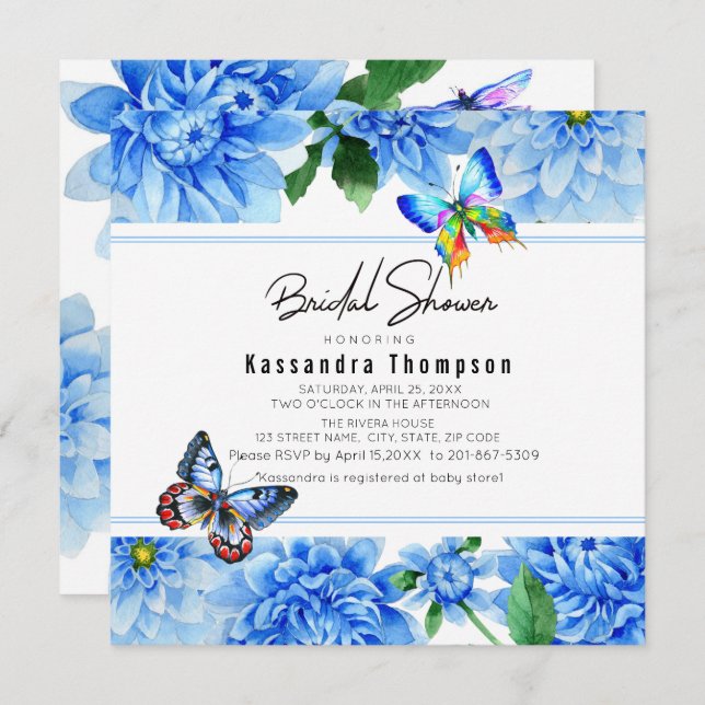 Convites Chá de panela floral da dália azul (Frente/Verso)