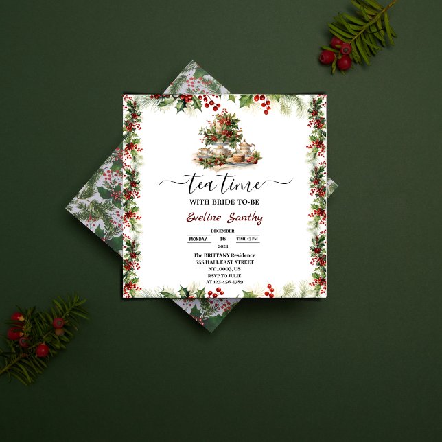 Convites Chá de panela Floral da Festa de Natal Elegante (Elegant Christmas Tea Party Floral Bridal Shower Invitation wedding holiday theme holly berries leaf)