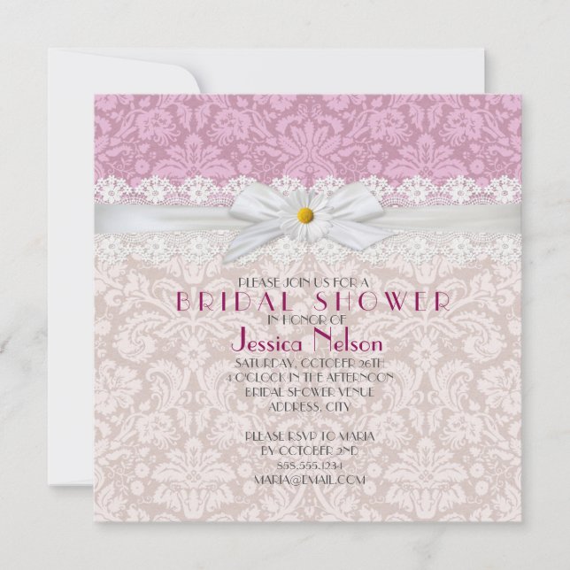 Convites Chá de panela Floral Daisy Ribbon Damask (Frente)