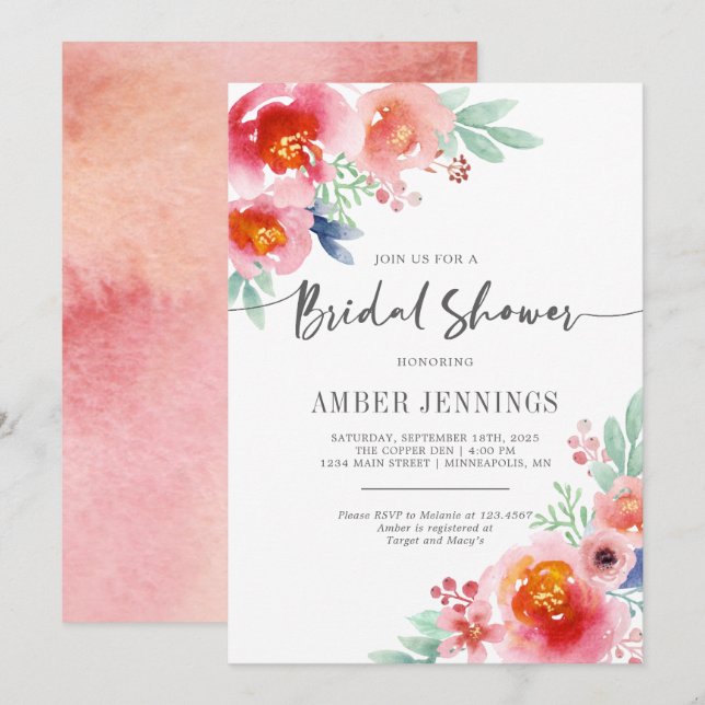 Convites Chá de panela floral de aquarela (Frente/Verso)