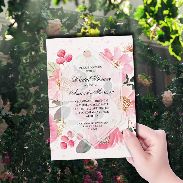 Convites Chá de panela Floral de Aquarela (Watercolor pink garden flowers bridal shower invitations)
