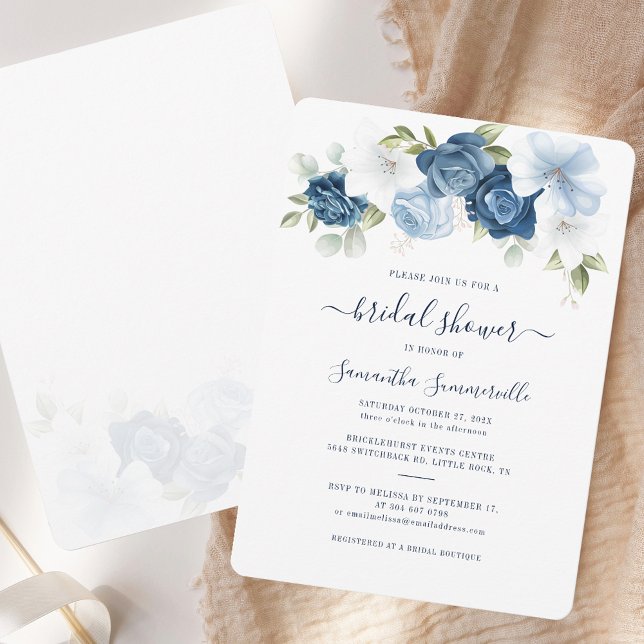 Convites Chá de panela Floral de Aquarela (Dusty Blue Floral Elegant RC Bridal Shower Invitation)