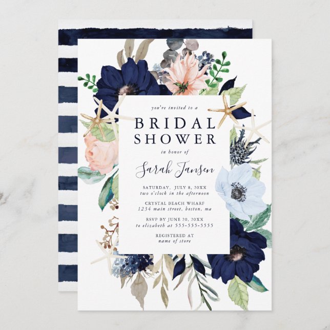 Convites Chá de panela Floral de Aquarela Azul-Rosa Náutico (Frente/Verso)