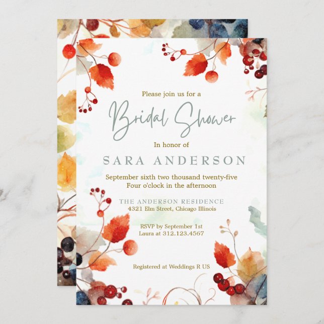 Convites Chá de panela Floral de Aquarela de Queda (Frente/Verso)