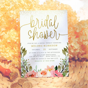 Convites Chá de panela Floral de Aquarela de Script Dourado