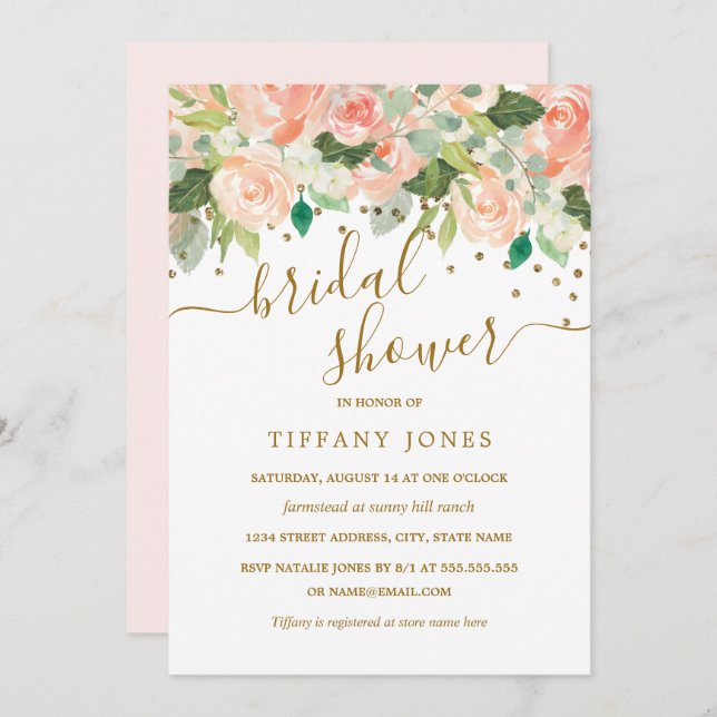 Convites Chá de panela Floral de Aquarela Dourada (Frente/Verso)