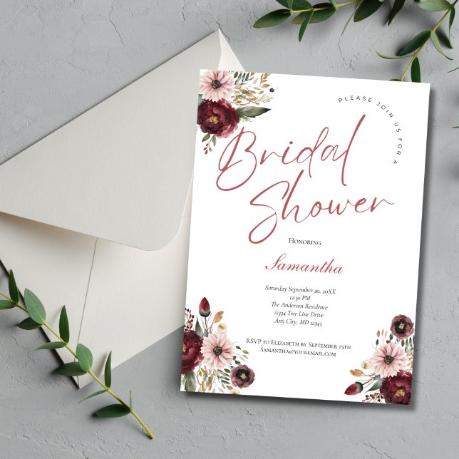 Convites Chá de panela Floral de Aquarela Rosa Burgundy (Pink Burgundy watercolor floral Bridal Shower Invitation, printed or digital download)