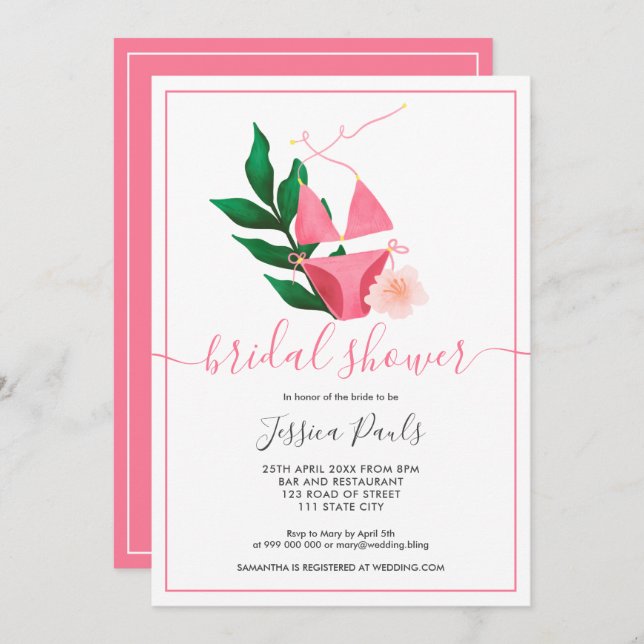 Convites Chá de panela floral de biquíni rosa tropical de v (Frente/Verso)