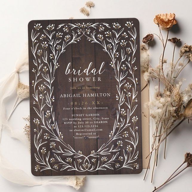 Convites Chá de panela Floral de Boho Boho (Rustic Barn Wood Boho Floral Country Bridal Shower Invitation)